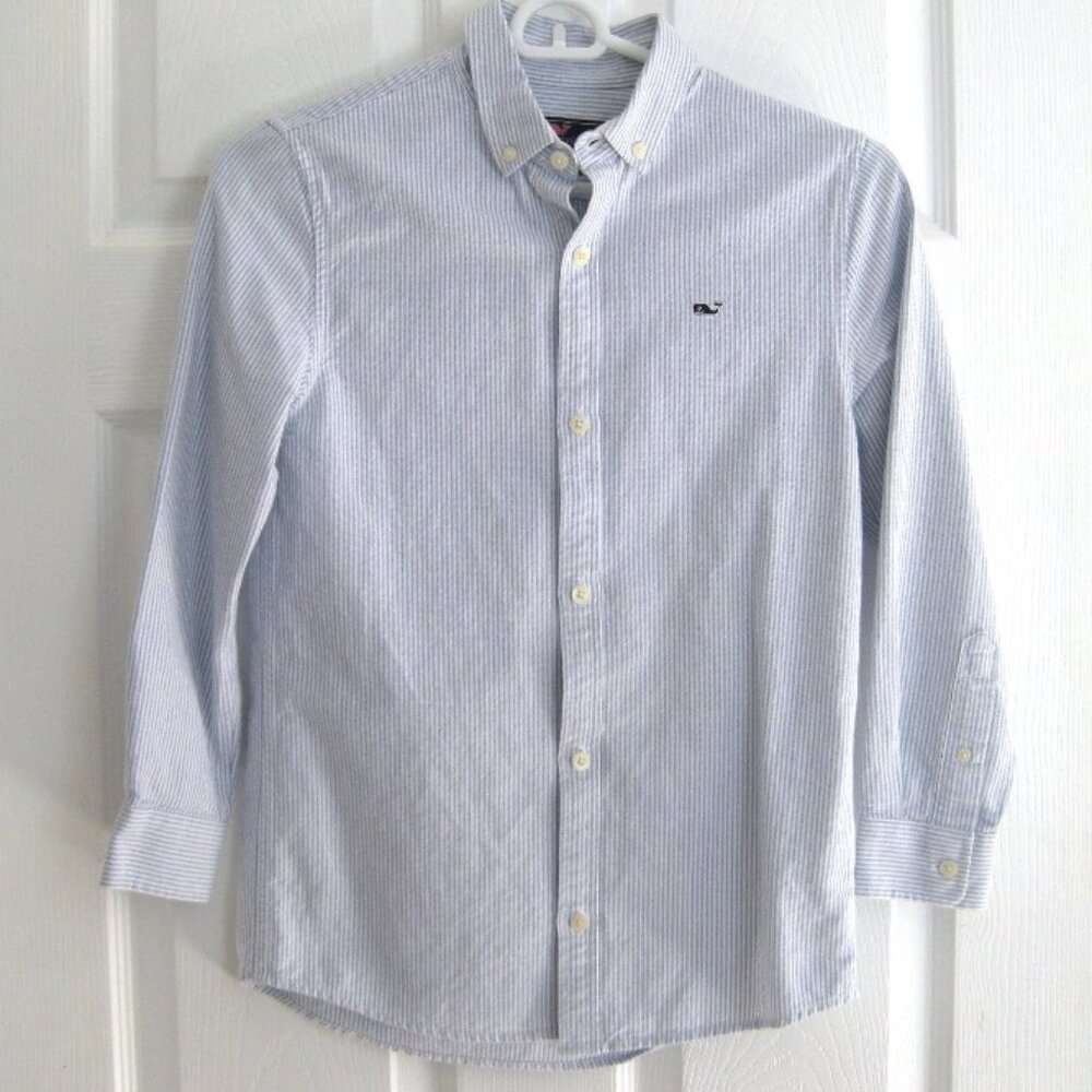 Vineyard Vines Oxford Whale Shirt Size S (8-10) Blue White Stipes 100% Cotton